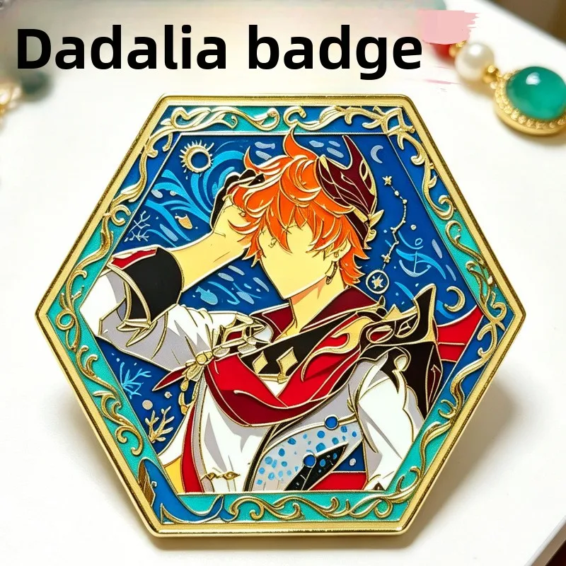 Tartaglia Childe Hexagon Enamel Pin Badge, Fanart Metal Lapel Brooch for Backpack Jacket, Game Collectible Gift