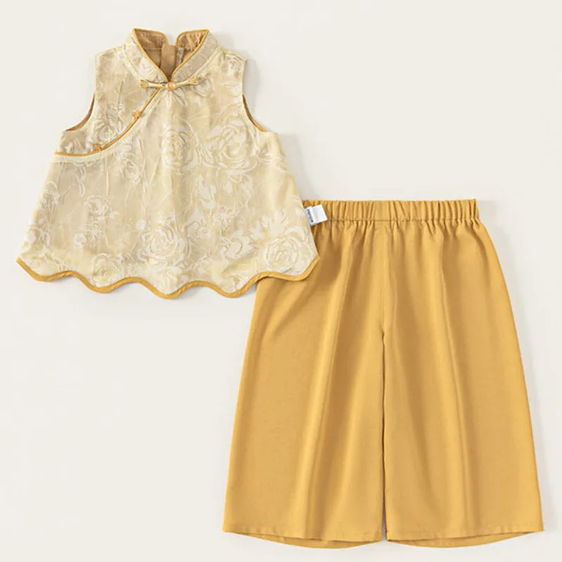 

Summer Baby Girl Clothes Fashion Chinese Style Flowers Sleeveless Tops+Loose Pants Boutique Kids Clothing Children's Sets B160
