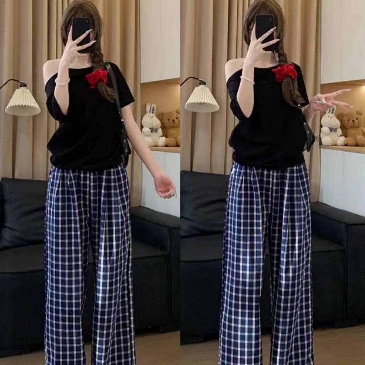 Blaue karierte Hose für Damen, lässig, Übergröße, hohe Taille, Taschen, weites Bein, Frühling, locker, Büro, Ausgehen, Spaziergang, lange Hose – Detail 10