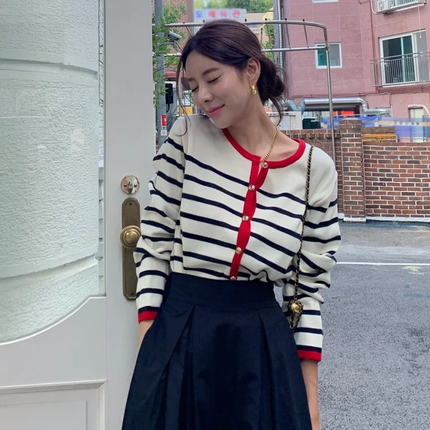 

Classic Stripe Color Blo Gold Button Knitted Sweater Casual Versatile Open Cardigan Coat Retro Aosphere Women's Faion