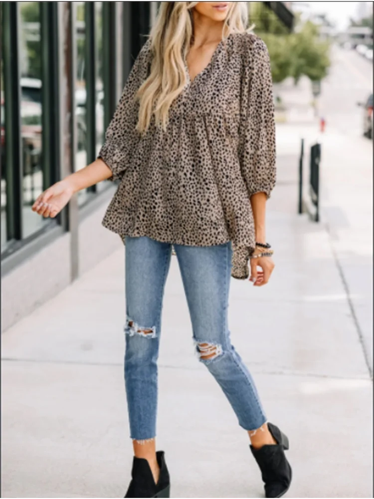 Brown Leopard Printed T-Shirt Lady Long Sleeve V-Neck Loose Top Autumn Women\'s Fashion Daily Clothes