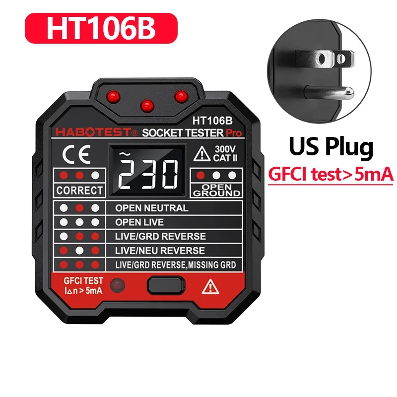 HT106/HT107 Digitale Outlet Socket Detector Spanningstest Socket Testers US/UK/EU Plug Ground Zero Line Fasecontrole RCD NCV Tester