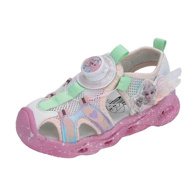 Disney Girls Bag Head Sandals 2025 Spring New Children's Casual Beach Shoes Girls Soft Sole Fashion Hollow Sports Shoes