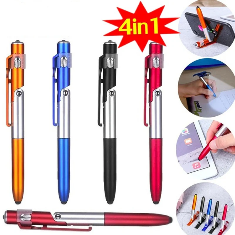 Multifunctional 4 in 1 Folding Mobile Phone Stand Touch Screen Stylus Pen & Ballpoint Pen with LED Flashlight