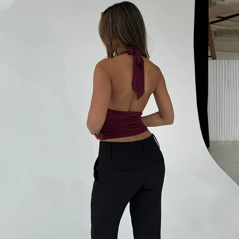 Candyhot V-Neck Sexy Lace Edge Halter Slim Backless Casual Solid Crop Tops Y2K Summer Fashion Streetwear Daily Sweet Cute Vest image 6
