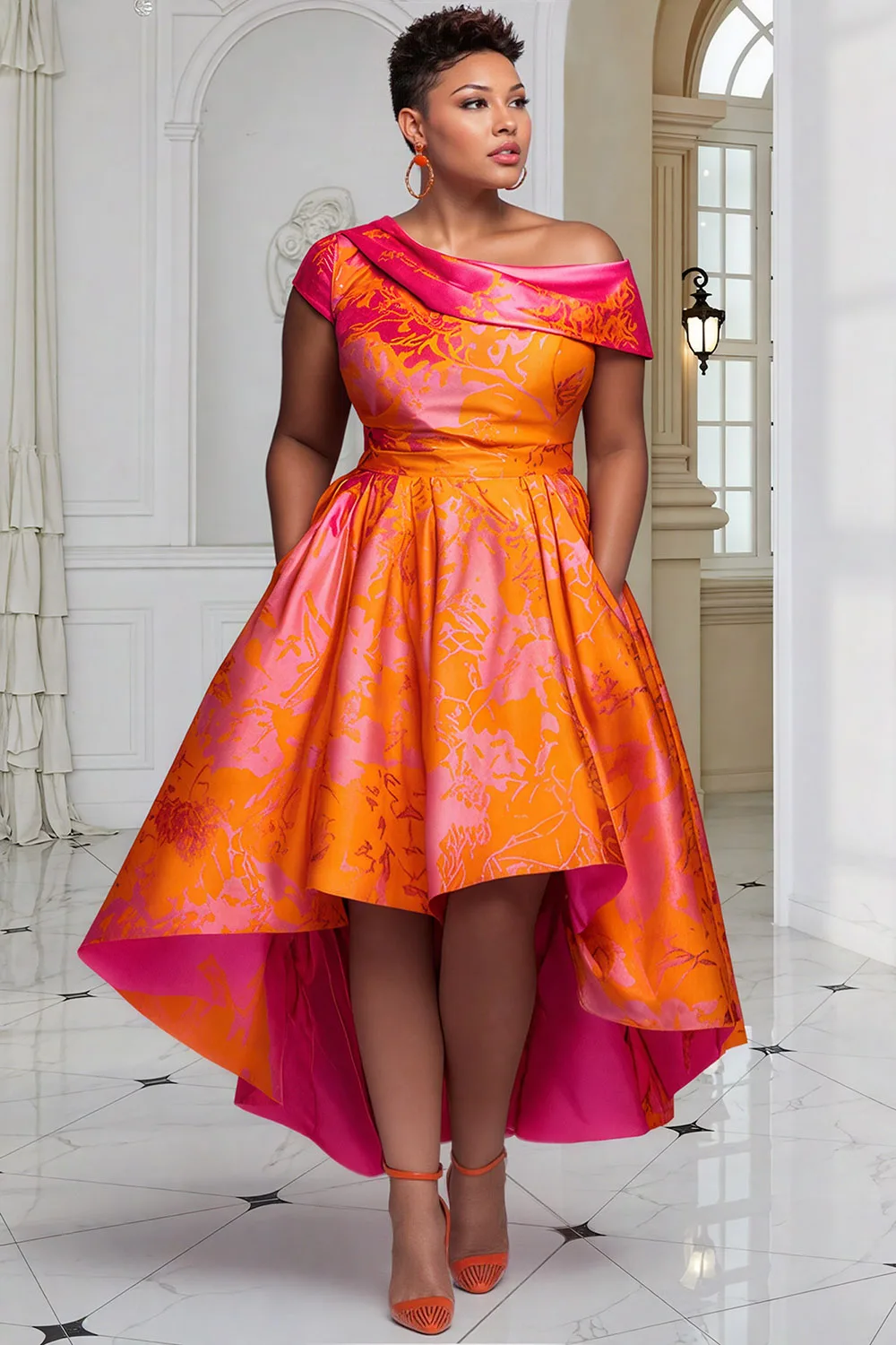 

Plus Size Formal Orange Oblique Collar Pocket Elegant High Low Hem Satin Midi Dresses