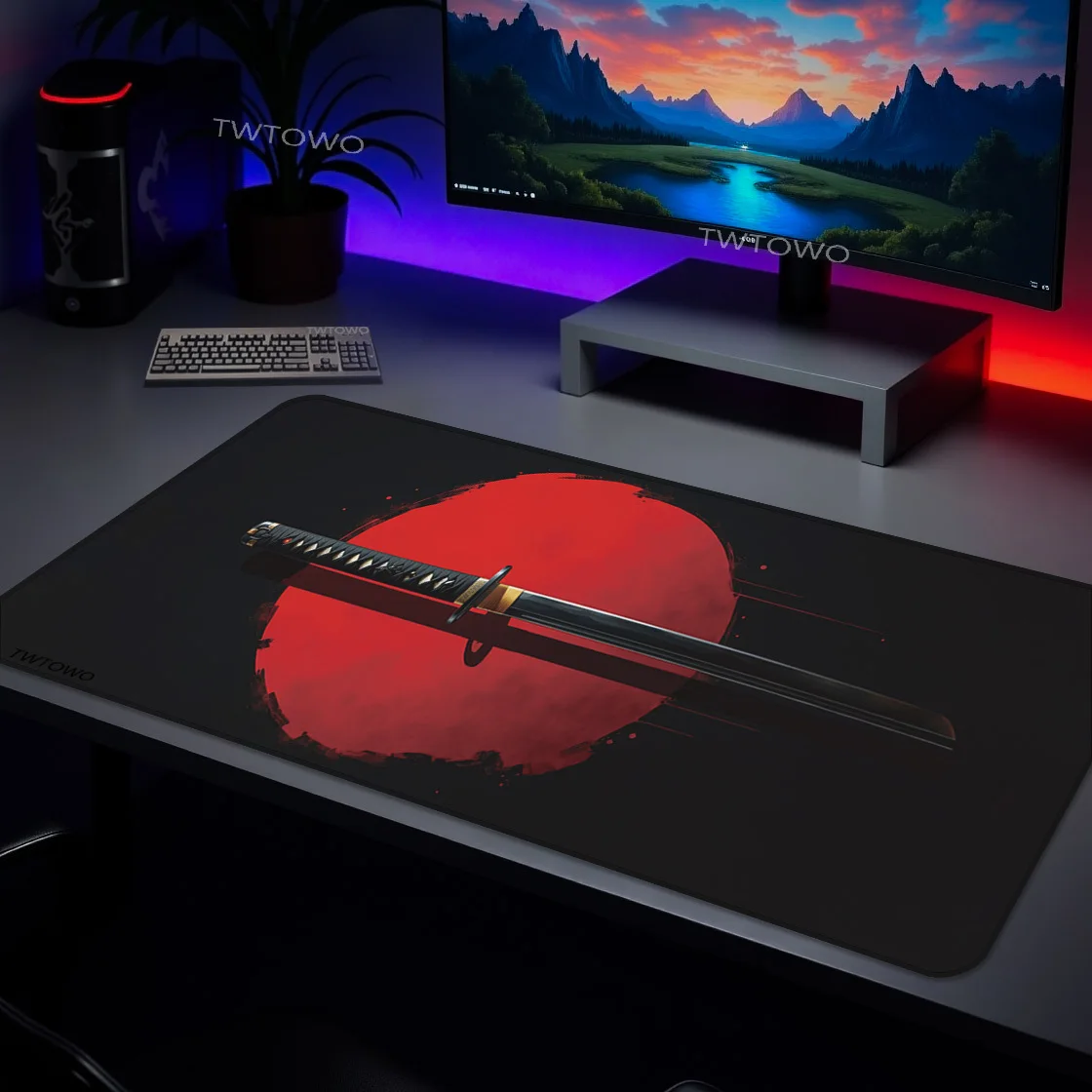 Mouse Pad Gamer Hitam dan Merah Motif Pedang Samurai Print-on-Demand HD Mousepad XXL Alas Meja Karpet Lembut Anti-Selip Gaming Laptop Mice Pad