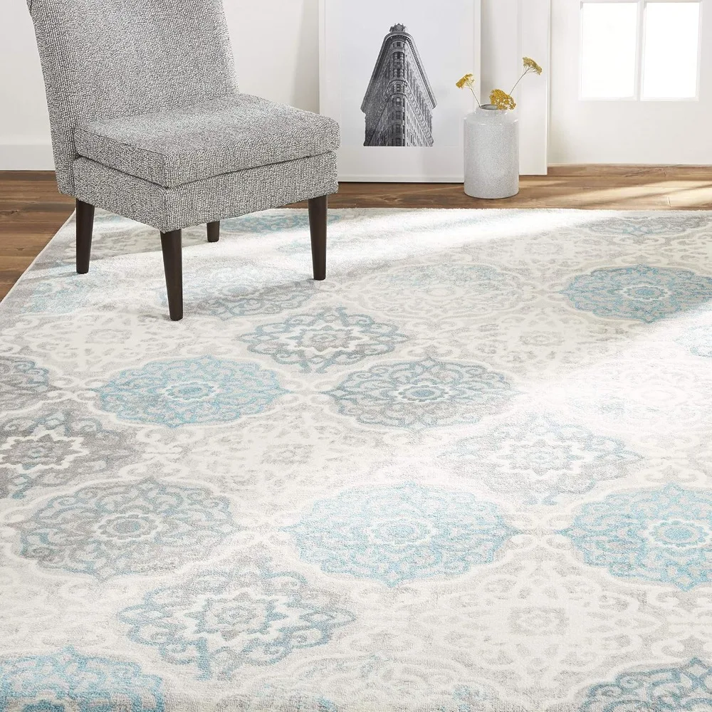 

Boho Andorra Transitional Damask Area Rug, Grey/Blue, 7'9"x10'2" Beige carpets are placed in the living room or bedroom office