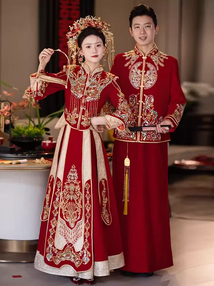 

New 2025 XiaoHei Wedding Dr Traditional Chinese Sle Bridal Gown Exquisite Embroidery Silk Material Long Sve Mid-Length