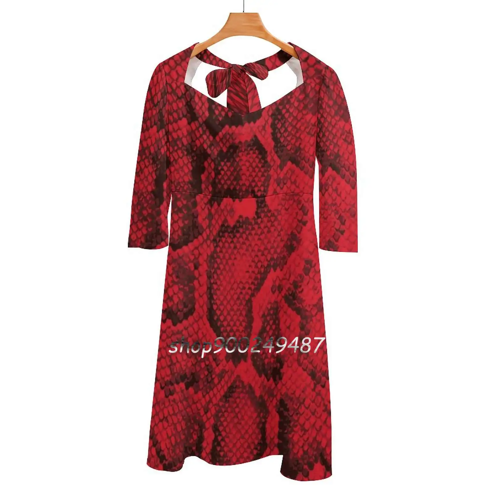 Red Snakeskin Flare Dress Square Neck Dress Elegant Female Fashion Printed Dress Snakeskin Snake Skin Snake Skin Red Snake Skin