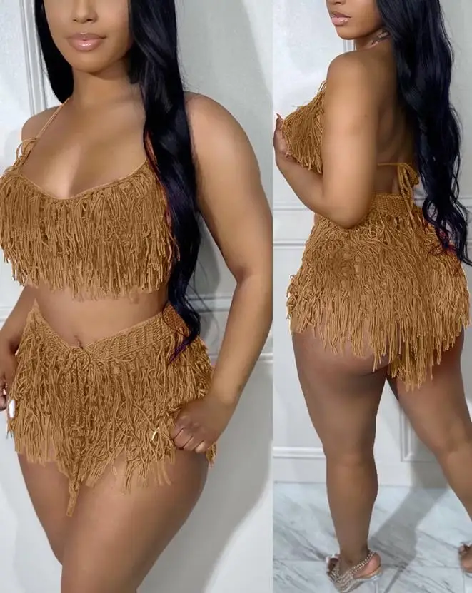 Two Piece Set Women Outfit 2024 Summer Sexy Spaghetti Strap Backless Crop Crochet Top & Tassel Design Beach Vacation Shorts Set