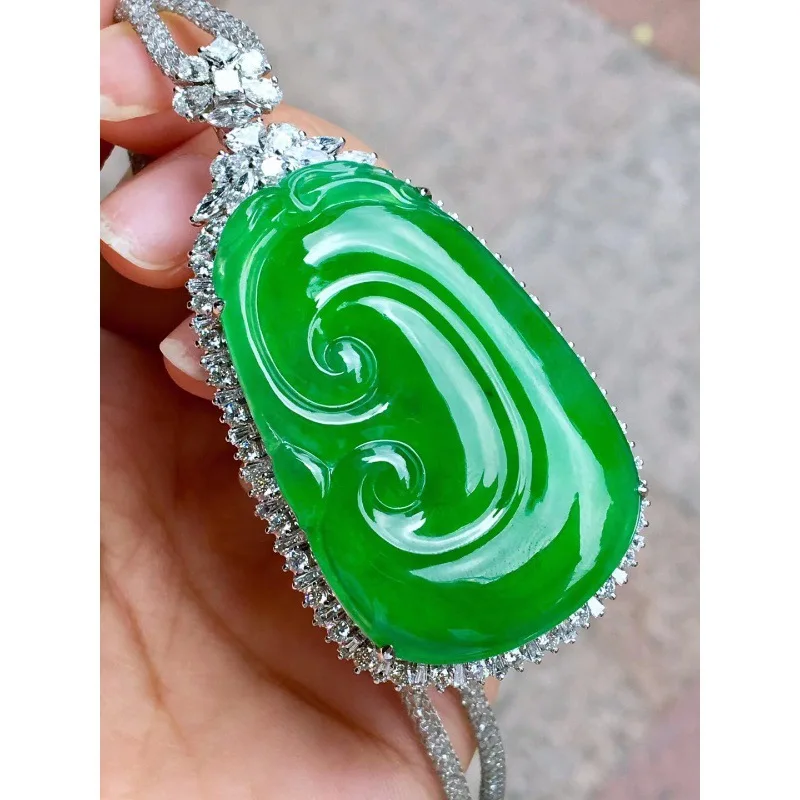 Emerald Sun Green Ruyi Pendant Laughing Buddha Jade Amulet Burmese Ice Jadeite