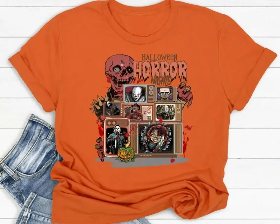 

Halloween Horror Nights 2024 HHN Scary Movies Characters T-Shirt Full Size S-5XL