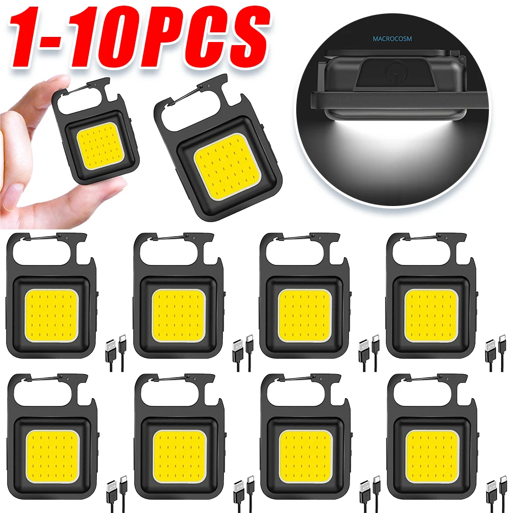 1-10Pcs Mini LED 500mAh Flashlight Work Light COB Pocket Work Light 4 Modes with Hook Bottle Opener for Outdoor Camping Hiking 