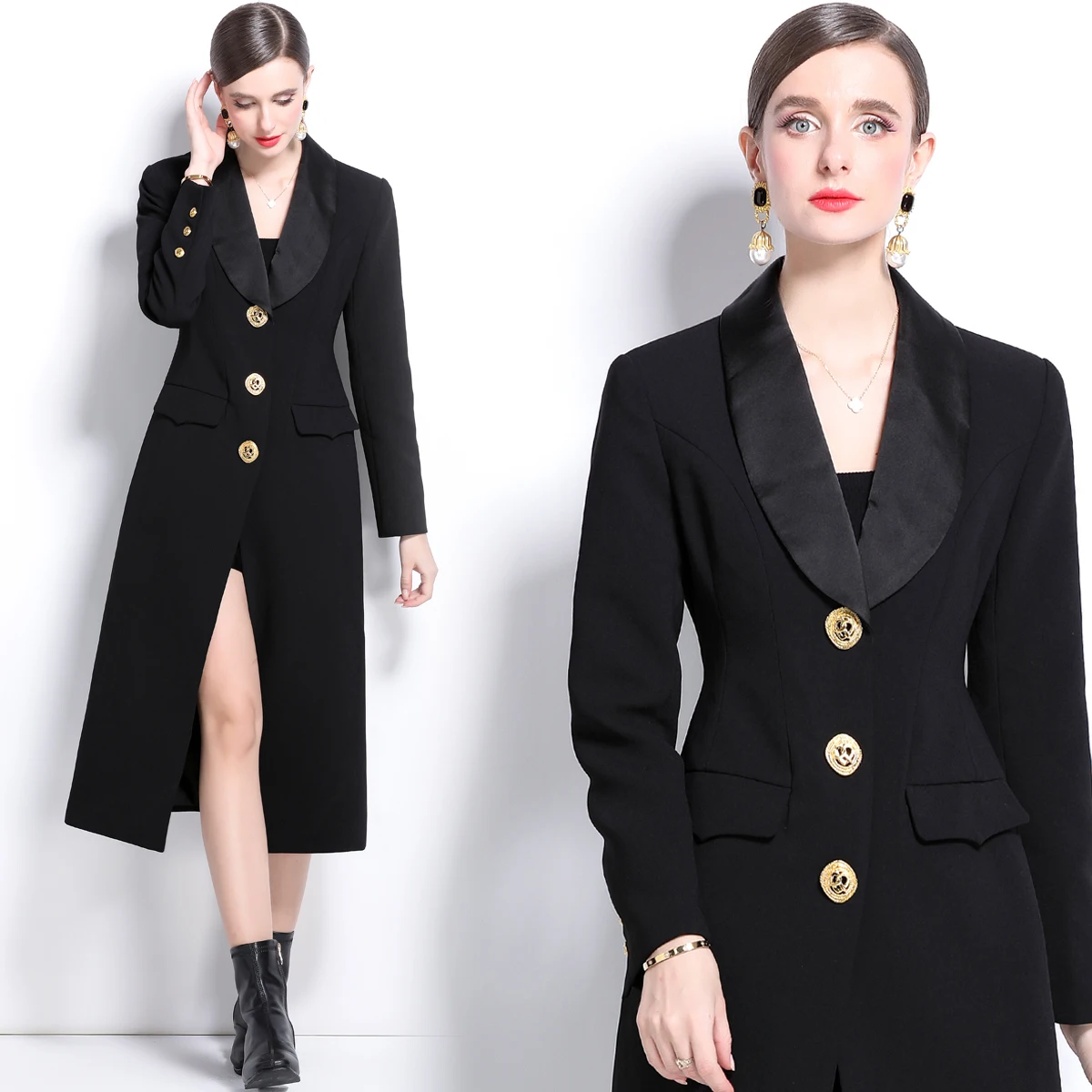 Vintage Black Autumn Winter Clothes Long Sleeve Bodycon Pencil Notched Blazer Suit Coat Midi Dresses Women Office Lady Vestidos