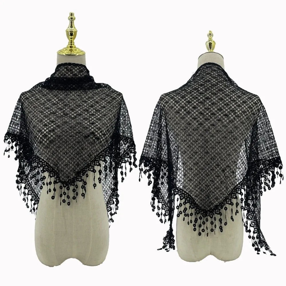 Breathable Tassels Lace Head Scarf Elegant Lace Flower Polyester Sequin Decor Scarf Triangular Hollow Triangle Scarf Bridal