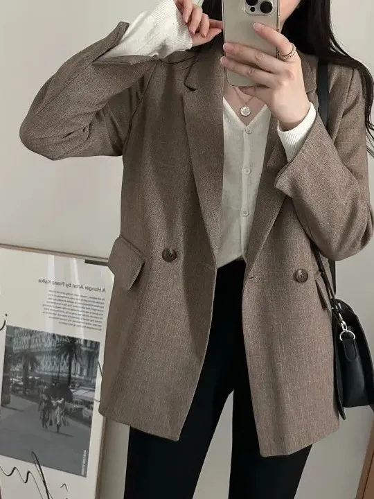 Chique herfst vintage losse pasvorm lange Sve Double Breasted pak Jaet voor dames woon-werkverkeer Sle pure kleur veelzijdige bovenkleding