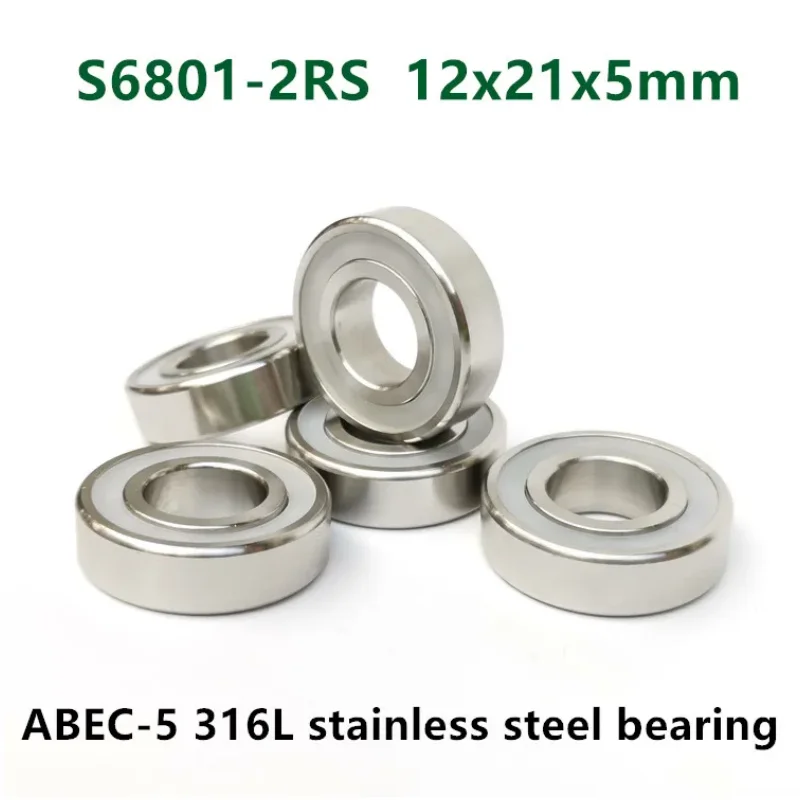 

10pcs S6801-2RS stainless steel 316L deep groove ball bearing 12*21*5 mm waterproof anti-corrosion bearings 6801 -2RS 12x21x5