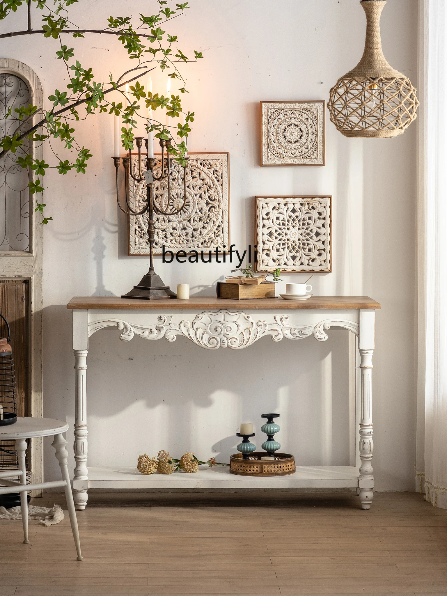 

French Style Console Tables Living Room Wood Carved Distressed Table Retro Entrance Cabinet Decorative White