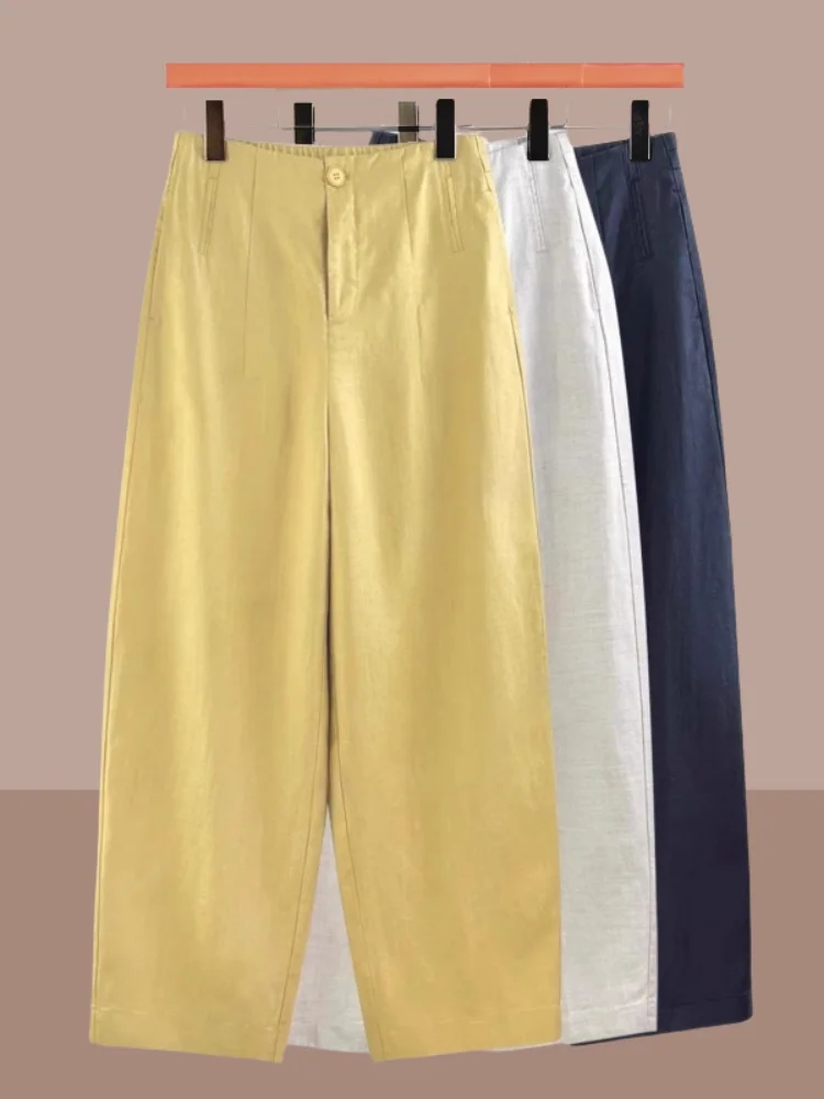 

Повседневные брюки с высокой талией, женские летние новые свободные льняные брюки размера плюс с девятью очками, прямые брюки Харлан