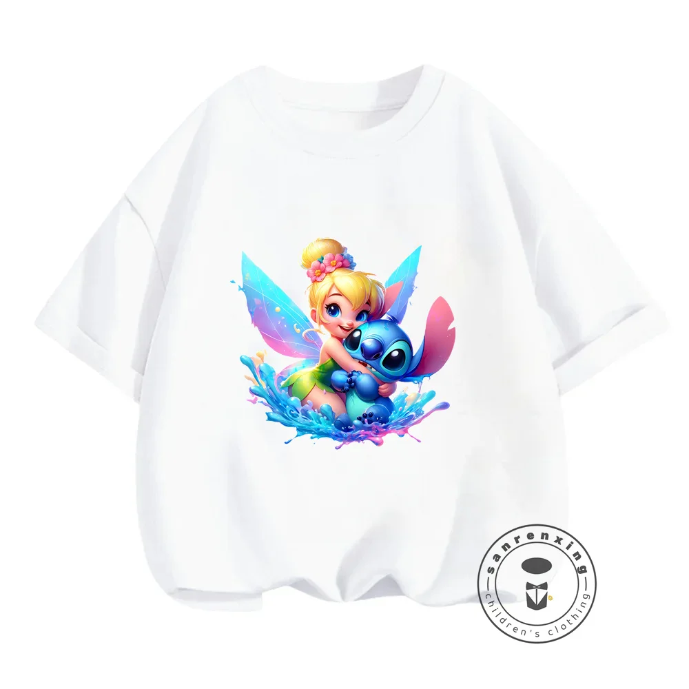 Elegant Summer Disney Tinker Bell Fashion Comfy Stylish Kawaii Tops for Girls Featuring Charming O-Neck Hip-Hop Cartoon Designs