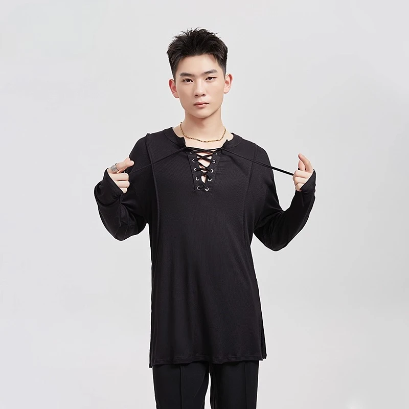 

Мужской костюм для латинских танцев по индивидуальному заказу, черно-белая футболка с круглым вырезом для бальных танцев, костюм для профессиональной практики