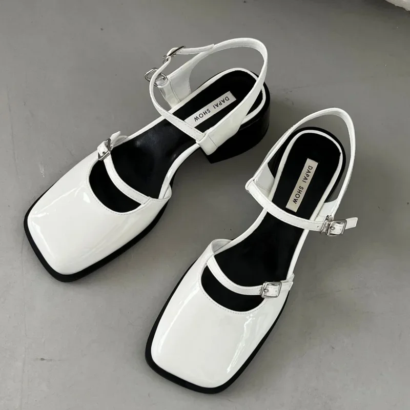 Vintage Square Toe Summer Sandals Women Thick High Heels Shoes Ladies Mary Janes Pumps Luxury Designer Female Slingbacks 35-39