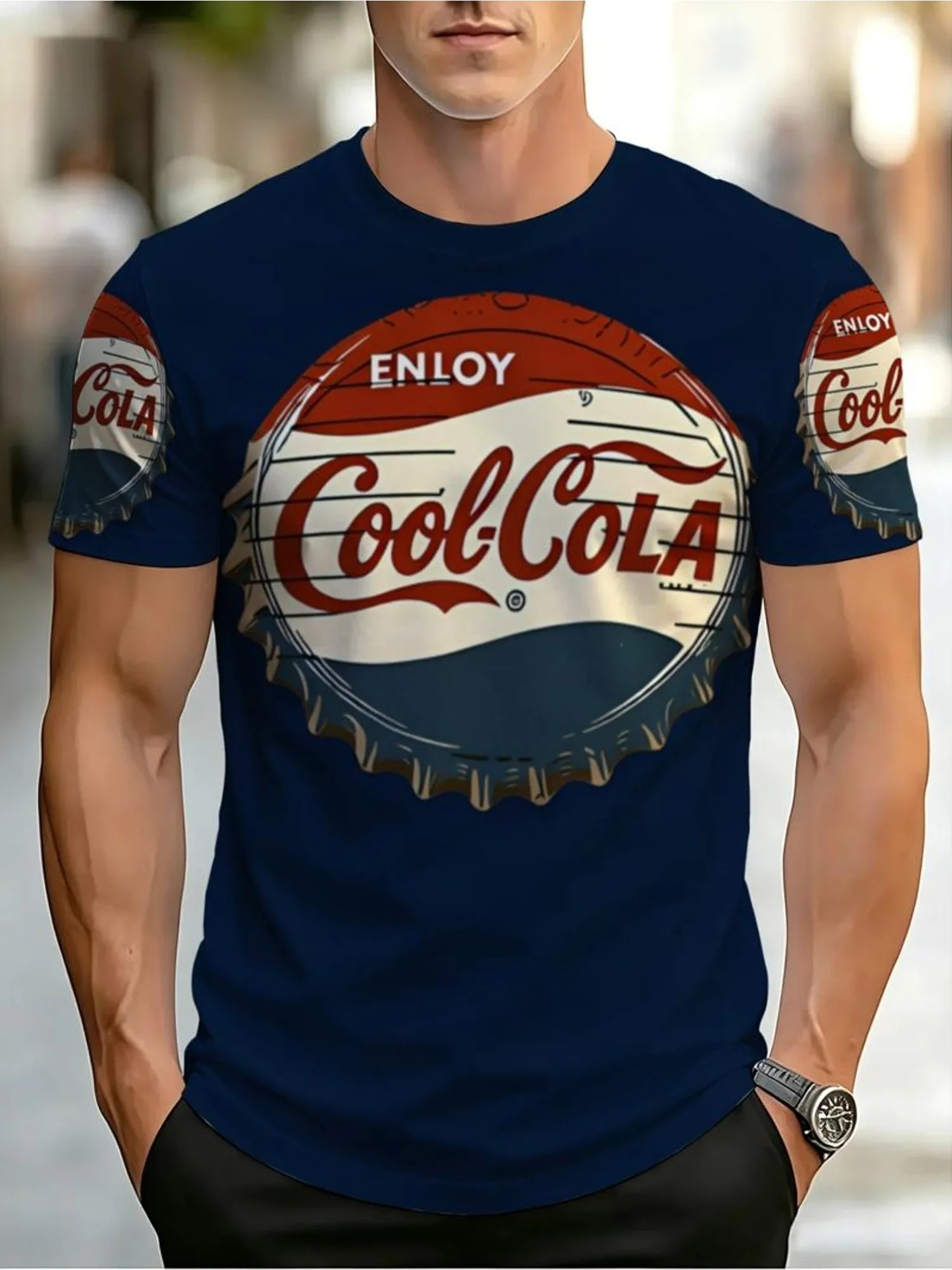 New men's short-sleeve T-shirt, loose-fitting and tailored with printed designs, versatile basic crew-neck top suitable for spri