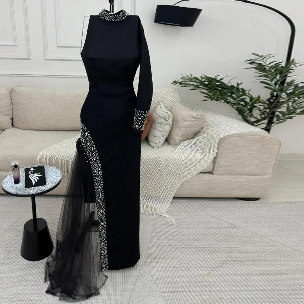 فستان سهرة أسود مطرز حسب الطلب مع فستان حورية البحر بكتف واحد من الساتان الكريستالي فساتين سهرة