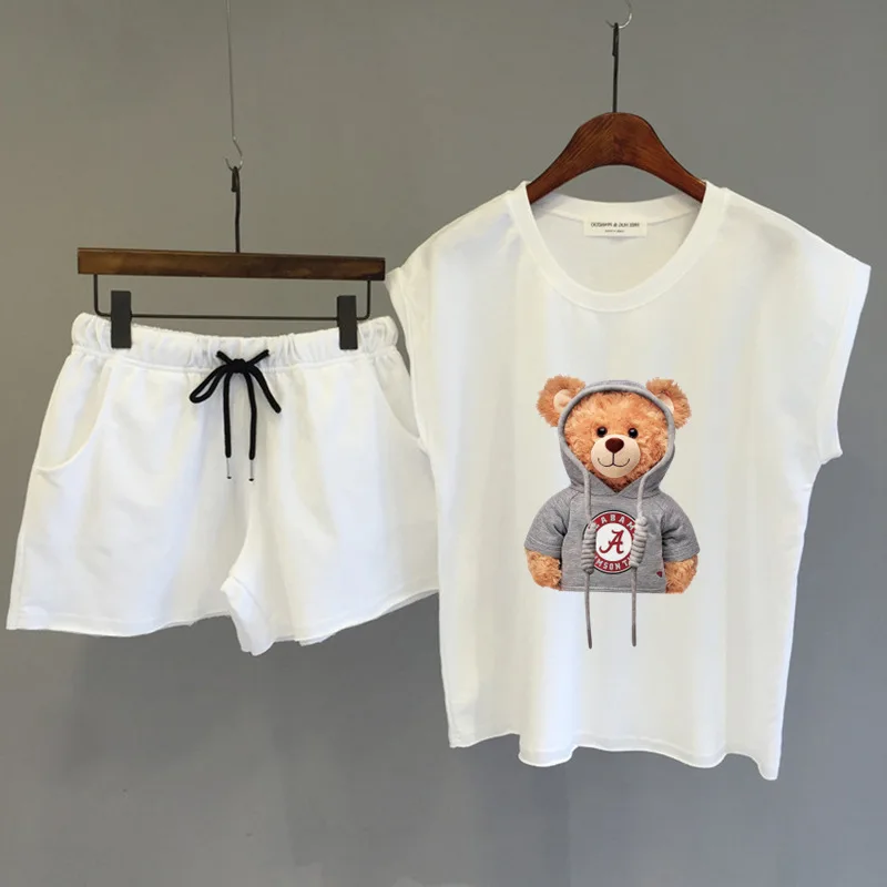 Colete sem mangas e shorts femininos, terno de duas peças, roupas soltas para senhoras, fato de treino casual feminino, moda coreana, conjuntos de