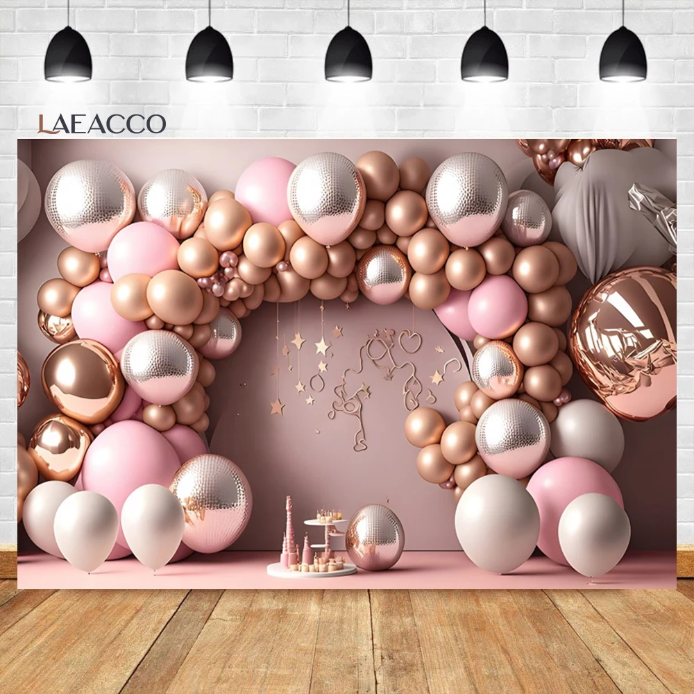 Laeacco Pink Arch Balloons Floral Girl First Birthday Party Photography Background Baby Shower Kids Cake Smash Portrait Backdrop