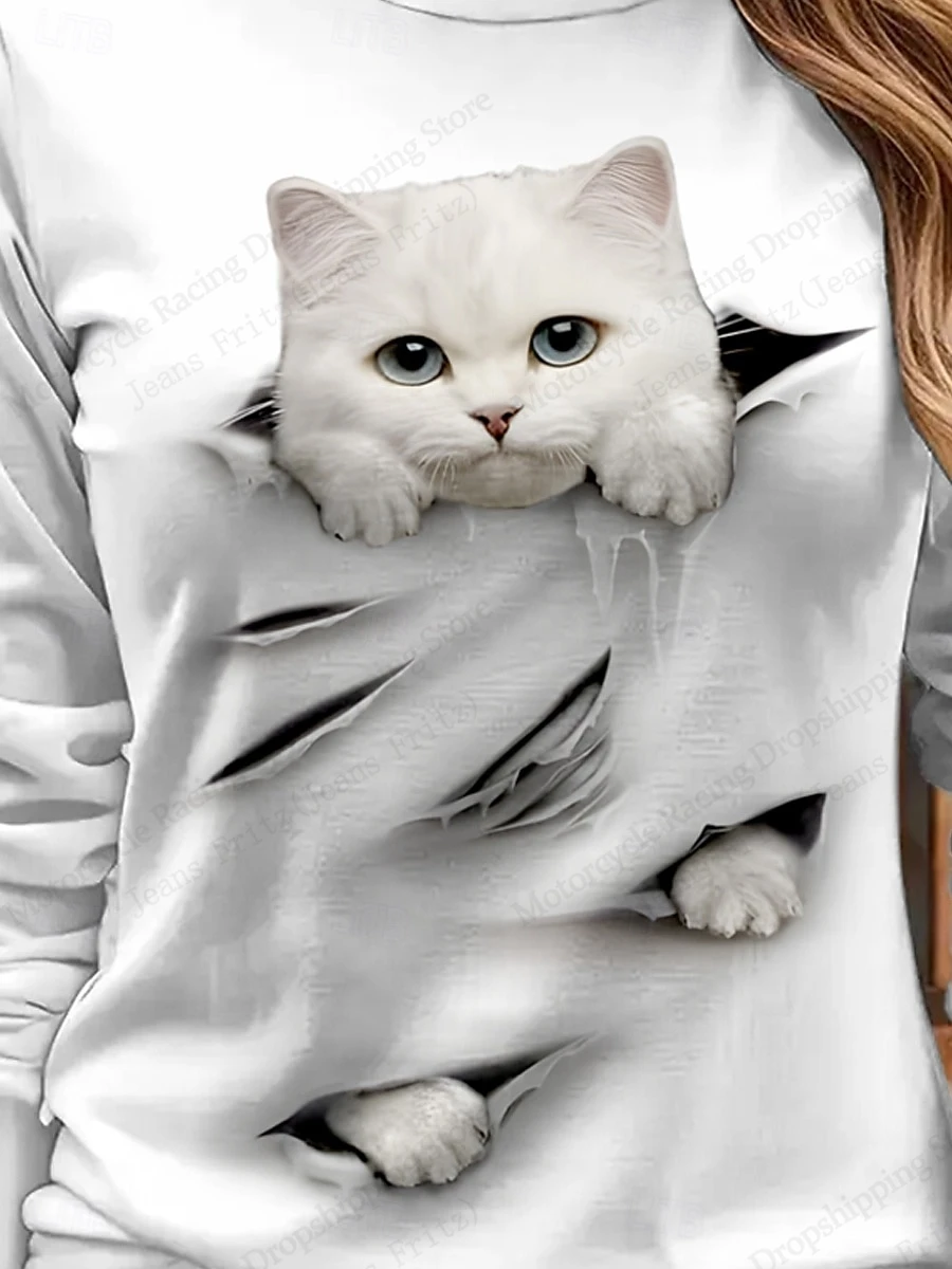 2026 موضة جديدة مضحك هول القط ثلاثية الأبعاد تي شيرت مطبوع للنساء عادية المتضخم Harajaku كم طويل التي شيرت المرأة بلايز تيز الشارع #2