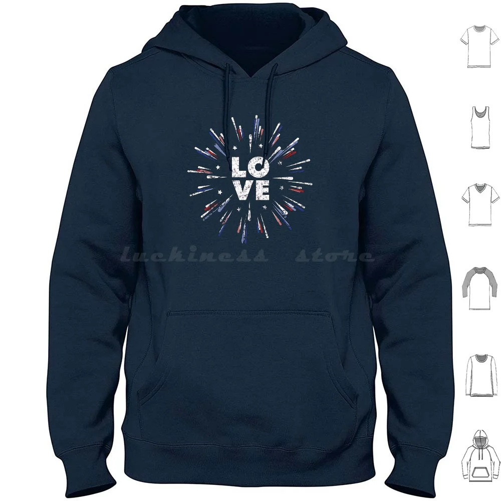 Fireworks Love American 4Th Of July | Vintage Retro Distressed Red , White , Blue Design Hoodies Long Sleeve American