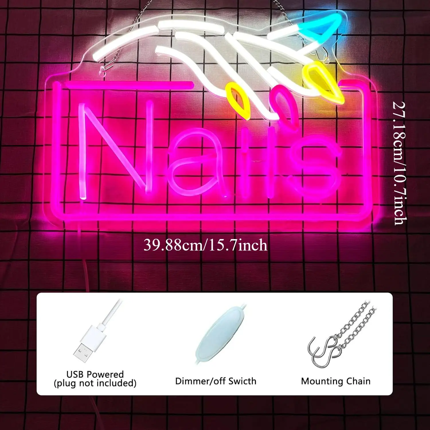 Letreiro Neon para Unhas com LED USB Regulável, Luzes de Neon para Salão de Beleza, Loja de Unhas, Vitrine, Decoração de Parede e Letreiros Luminosos