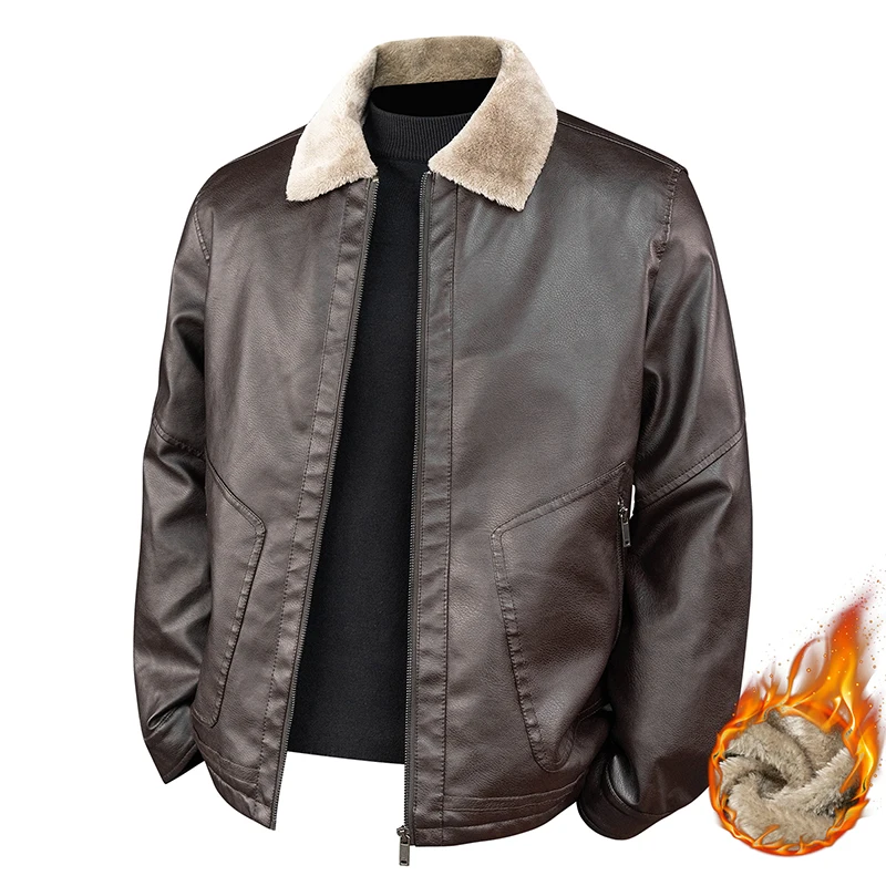 

Trend All-match PU Leather Jackets for Men Solid Color Comfortable Warm Male Clothing Quality Zipper Outerwear Fashion Thicken