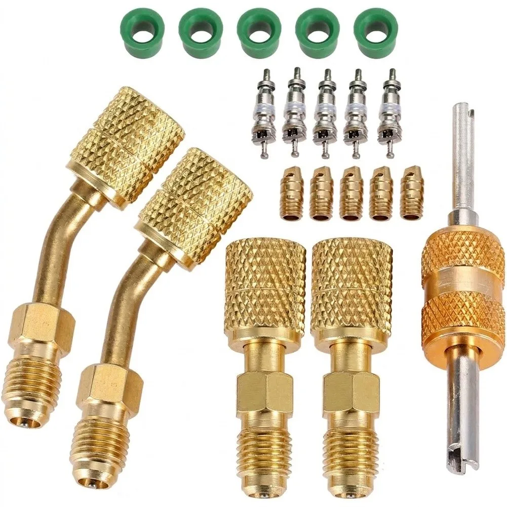 R410A Adapter Kit 45 Degree Angled R410A Straight Swivel Adapters Valve Core Remover For Ductless Air Conditioning System Adapte
