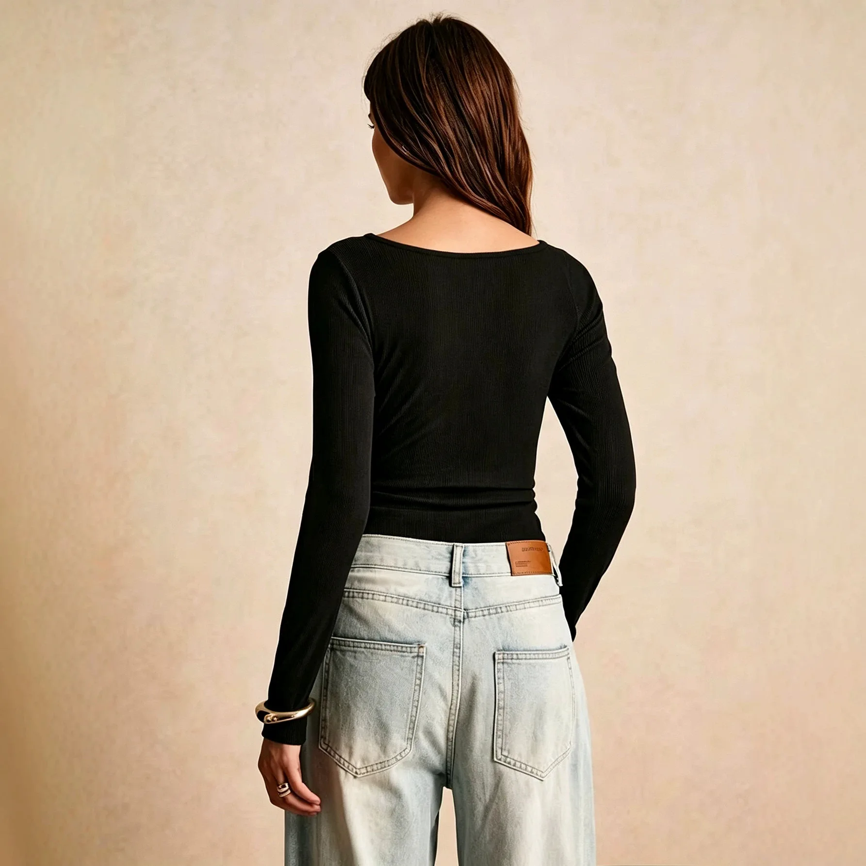 Women Ribbed Long Sleeve Top Asymmetric Cutout Neckline Blouse With Gold Button Decor Tie Detail Slim Fit Party Casual Shirt