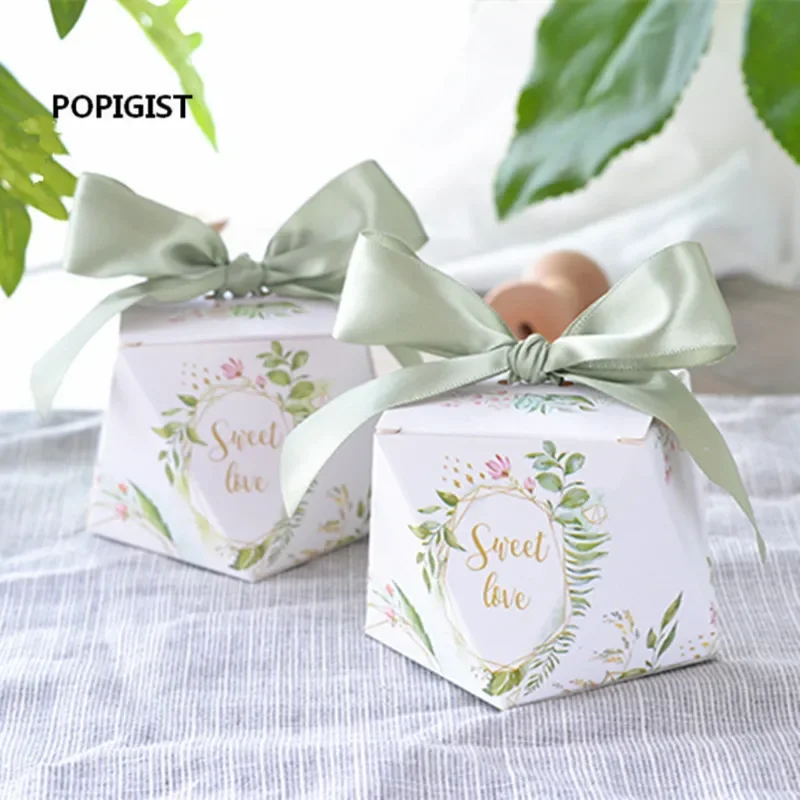 100pcs European diamond shape Green forest style Candy Boxes Wedding Favors Bomboniere paper thanks Gift Box Party Chocolate box