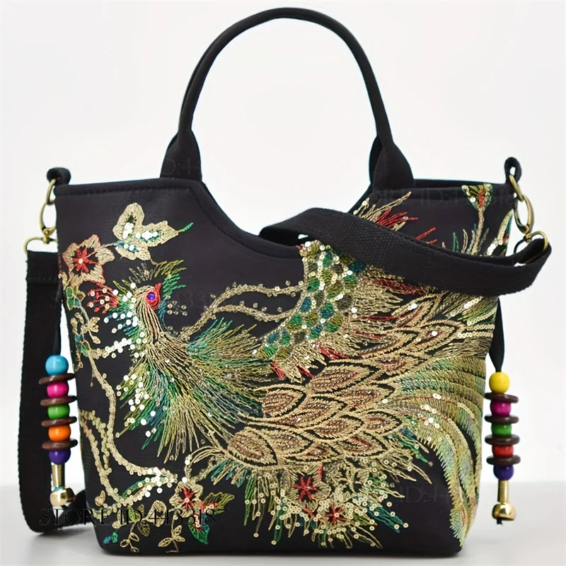 Ethnic Style Sequins Tote Bag Phoenix Embroidery Women's Handbags Shopping Bag Vintage Canvas Crossbody Bag Travel Bohemian Bag