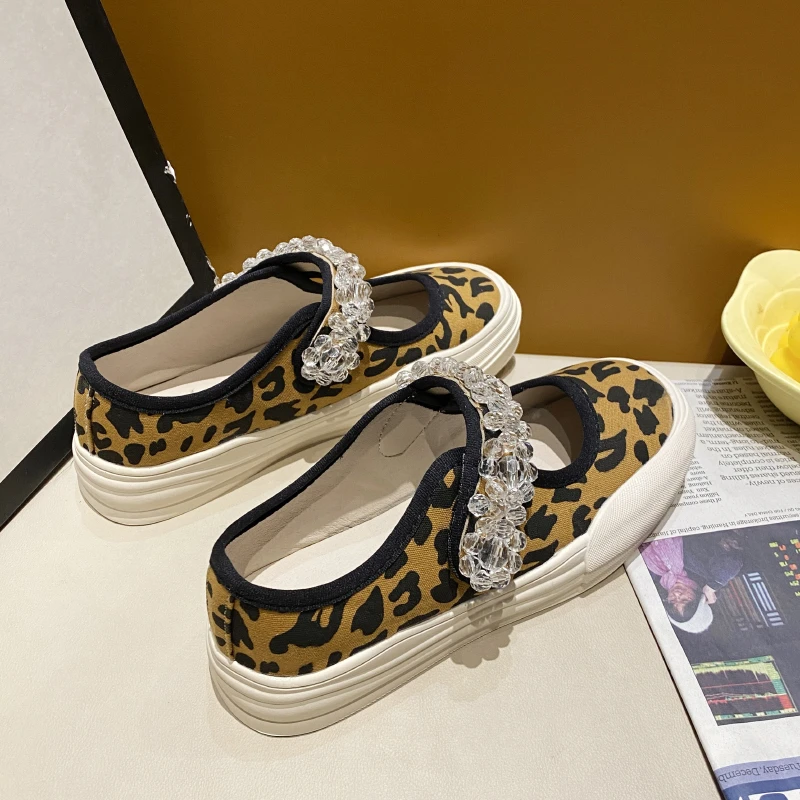 LazySeal Women Vercle Crystal Design Round Toe Casual Canvas Shoes Women's Shallow Mouth Leopard Print Breathable Flat Shoe