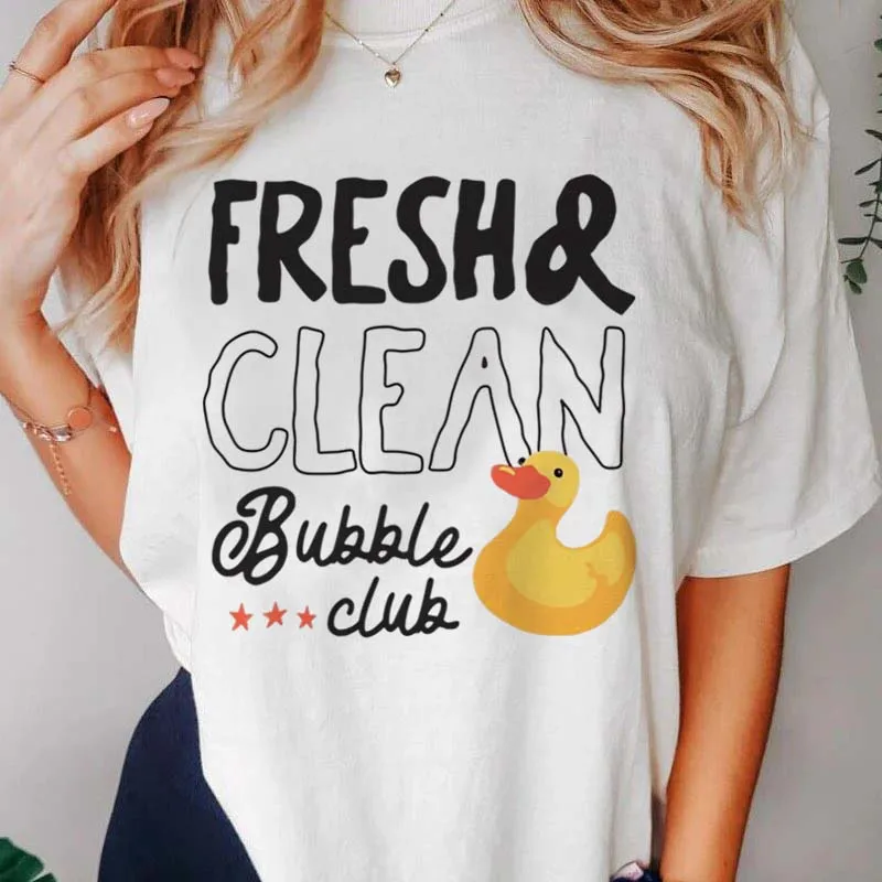Fresh Clean Bubble Club Duck Graphic Print T-Shirt Short Sleeve Basic Top Women's Fun Pattern Summer Fashion O-Neck T-Shirt
