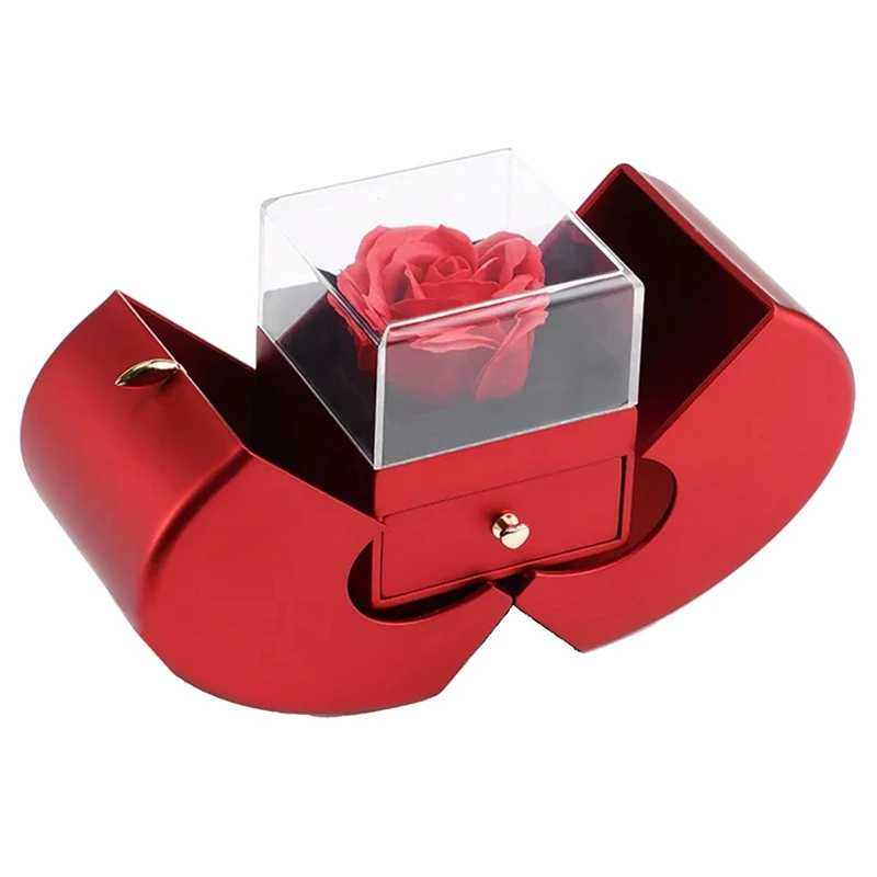 Red Apple-Shape Drawer Proposal Ring Box For Chinese Valentine's Day, Eternal Flower Birthday Gift