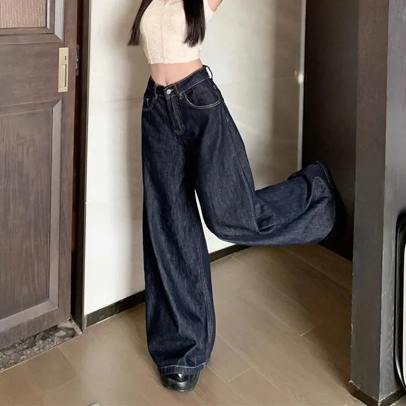 جينز عتيق مغسول بأرجل واسعة للنساء أزرق عميق عالي الخصر فضفاض Y2K من قماش الدنيم بنطلون مستقيم غير رسمي للسيدات