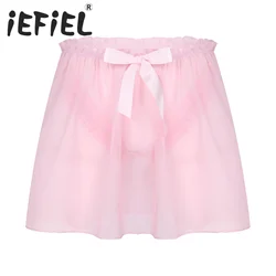 Mens Sissy Skirt Crossdress Underwear Sexy Soft Ruffled Skirt Lingerie Semi See-Through Chiffon Skirt Sleepwear Nightwear Briefs