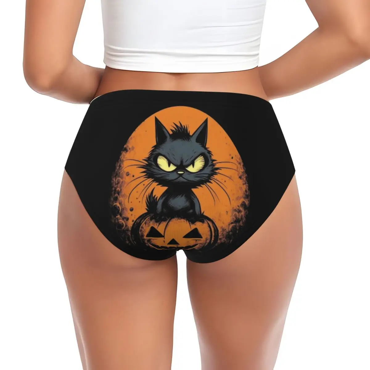 Custom Irritable Black Halloween Cat Brief Panties Women Breathable Underwear