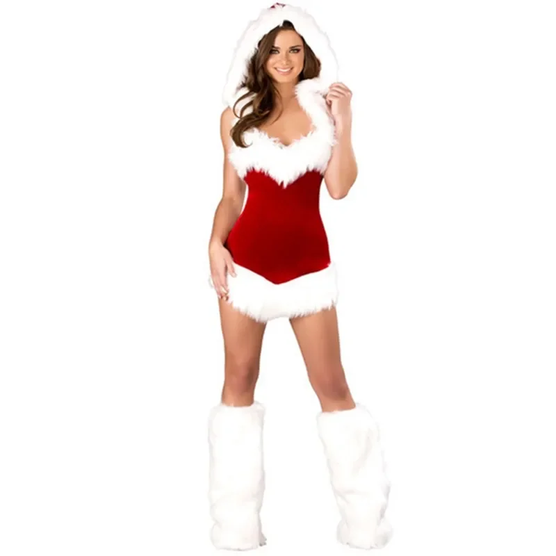 

Women Christmas Costume Xmas Party Cosplay Santa Clause Sexy Mini Hooded Santa Claus Dress