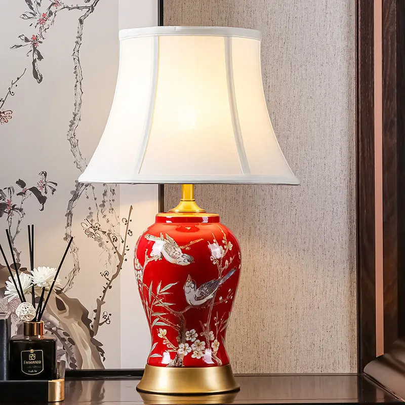 

American new Chinese ceramic desk lamp Bedroom bedside living room decorative lamps Warm and adjustable light and dark household