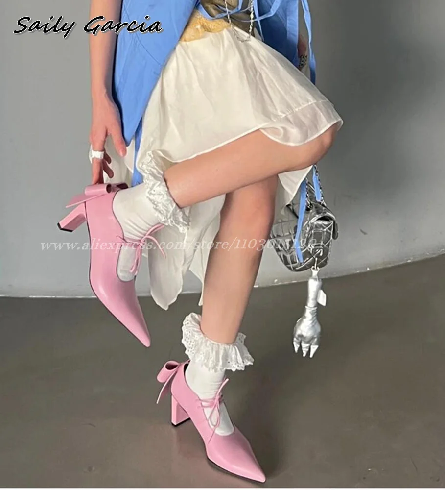 

Solid Mary Jane Back Butterfly Knot Shallow Grace Pumps Lolita All-Match Mid Heel Sweet Dress Pumps Pointed Toe Sexy Casual Shoe