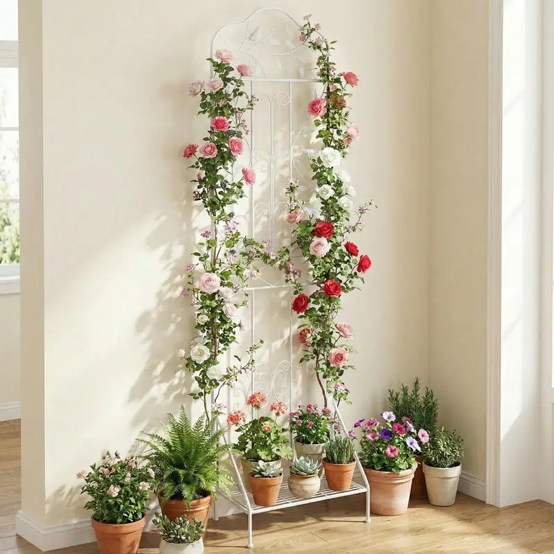 Garden Trellis for Plants, Freestanding Metal Trellis for Roses with Folding Shelf, Anti-Tip Device & Stakes, White