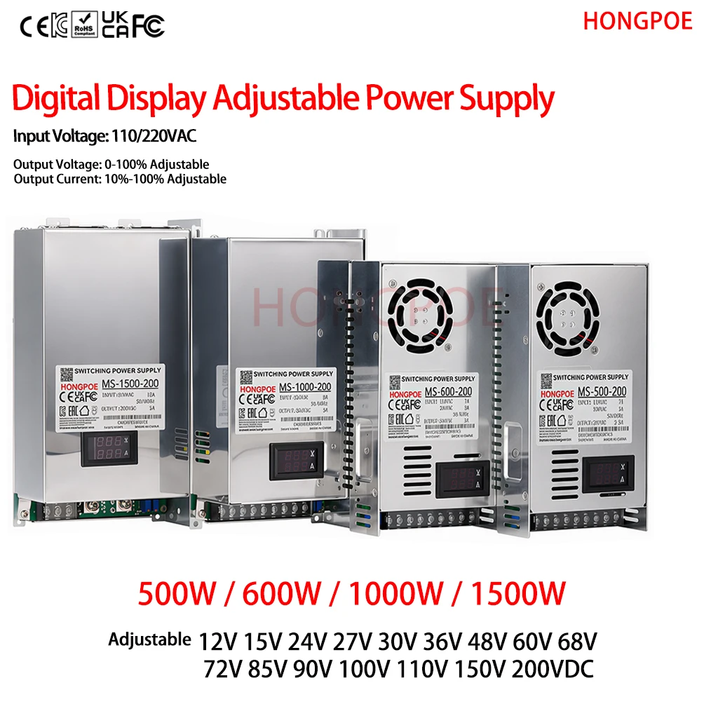 

CE High Power Digital Display 500/600/1000/1500W SMPS Output 0-200VDC Voltage 0-100%,Current 10-100% Adjustable for LED CCTV TV